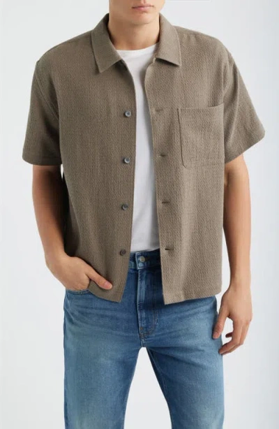 Frame Open Weave Short Sleeve Cotton Blend Button-up Shirt In Brown