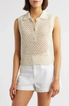 Frame Openwork Sleeveless Polo Sweater In Cream
