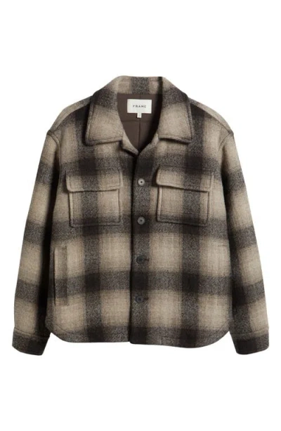 Frame Padded Plaid Wool Blend Shirt Jacket In Brown Plaid