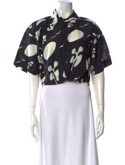 Pre-owned Frame Patterned Short Sleeve Button-up Top In Black