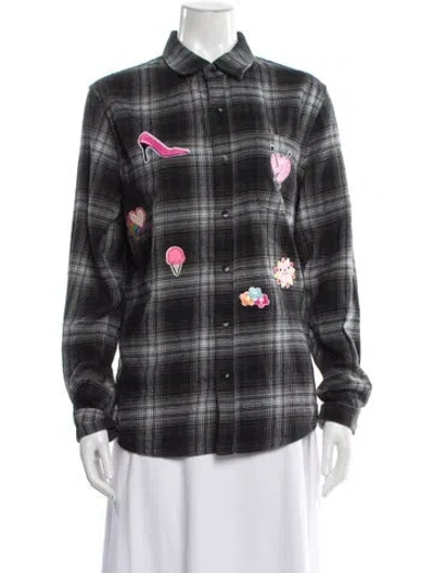 Pre-owned Frame Plaid Print Long Sleeve Button-up Top In Gray