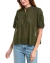 Frame Pleated Flutter Sleeve Top In Green