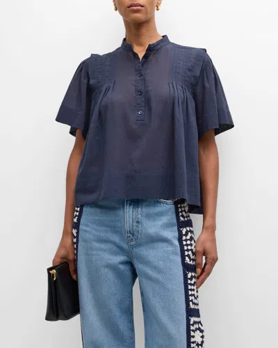 Frame Pleated Button-front Blouse In Navy