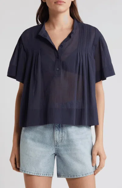 Frame Pleated Cotton-mousseline Blouse In Navy