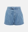 Frame Pleated Wide Cuffed Denim Shorts In Blue