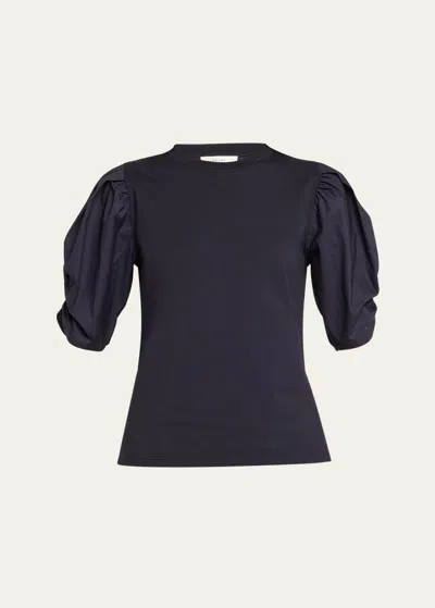 Frame Pleated Puff-sleeve Tee In Navy