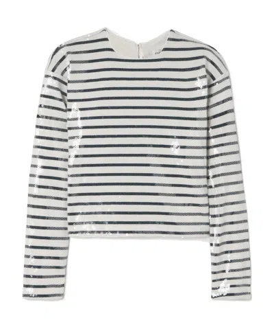Frame Pleated Sequined Striped Sweater In White