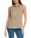 Frame Pleated Sleeveless Shirt Khaki Multi Cotton In Beige