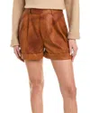 Frame Pleated Wide Cuff Leather Shorts In Brown