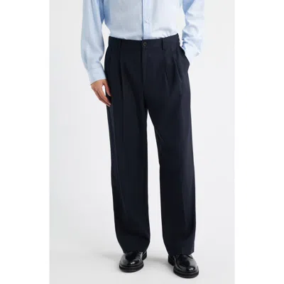 Frame Pleated Wool Wide Leg Pants In Blue