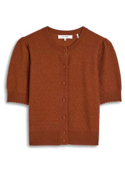 Frame Pointelle Cashmere Cropped Cardigan In Brown