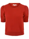 Frame Puff Sleeve Pointelle Cashmere Sweater In Red