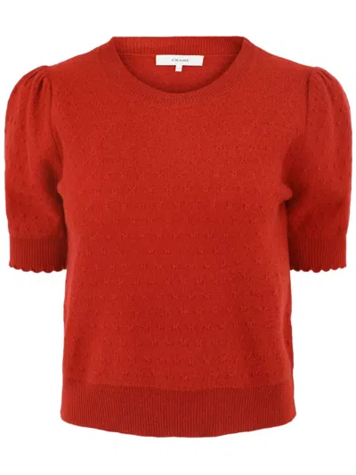 Frame Puff Sleeve Pointelle Cashmere Sweater In Red
