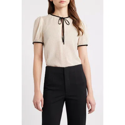 Frame Polka Dot Tie Front Puff Sleeve Semisheer Silk Top In Neutral