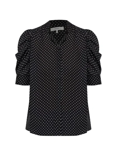 Frame The Gillian Ruched Polka-dot Silk-crepe Blouse In Blue