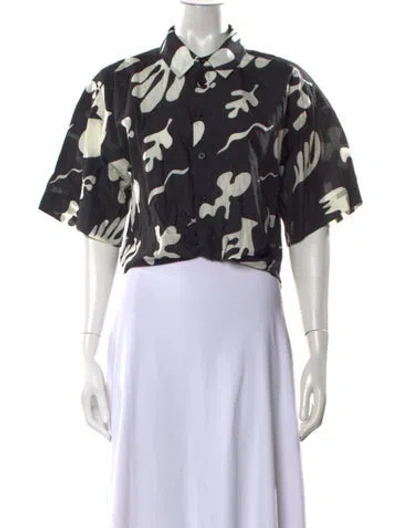 Pre-owned Frame Printed Short Sleeve Button-up Top In Black
