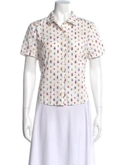 Pre-owned Frame Printed Short Sleeve Button-up Top In White