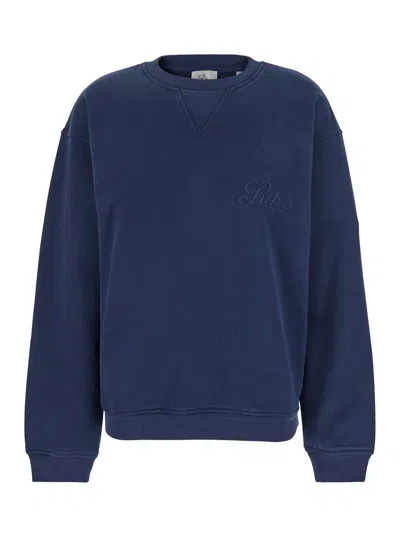 Frame Privacy Please Blue Crewneck T-shirt With Tonal Logo Embroidery On The Front In Cotton Blend Woman