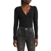 Frame Rib Ruched Sleeve Henley Top In Black In Black