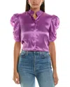 Frame Puff Sleeve Silk Button-up Shirt In Purple