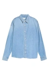 Frame Relaxed Fit Distressed Denim Snap-up Shirt In Blue