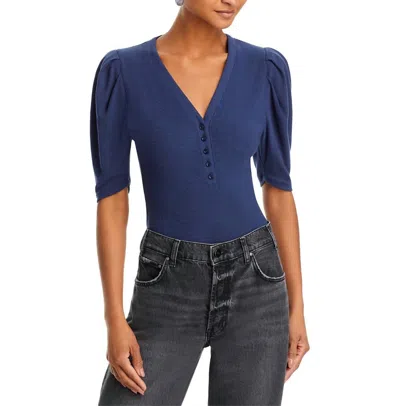 Frame Rib Knit Ruched Sleeve Henley Tee In Navy Blue