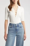 Frame Lace-up Short-sleeve Polo Sweater In Off White