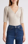 Frame Rib Ruched Short-sleeve Henley Top In Oatmeal Heather
