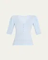 Frame Rib Ruched Short-sleeve Henley Top In Light Chambray