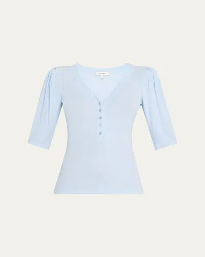 Frame Rib Ruched Short-sleeve Henley Top In Light Chambray