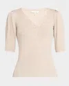 Frame Rib Ruched Short-sleeve Henley Top In Oatmeal Heather