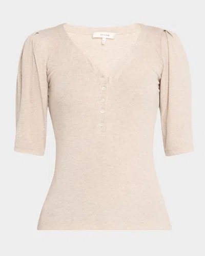 Frame Rib Ruched Short-sleeve Henley Top In Oatmeal Heather
