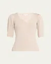 Frame Rib Ruched Short-sleeve Henley Top In Oatmeal Heather