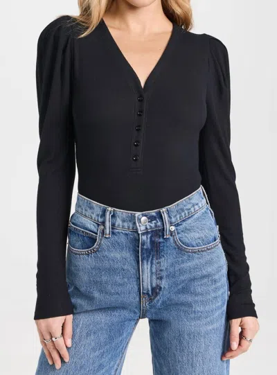 Frame Rib Ruched Sleeve Henley Top In Black