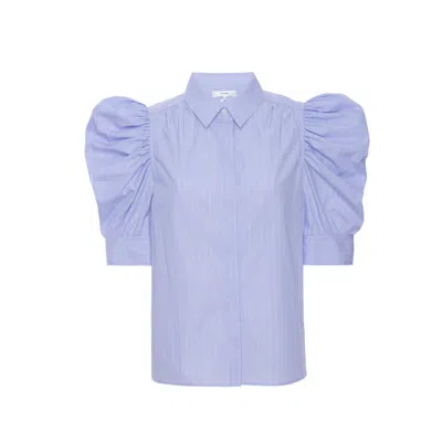 Frame Ruched Chambray Puff Sleeve Shirt In Blue In Purple