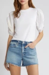Frame Ruched Sleeve Organic Cotton T-shirt In Blanc