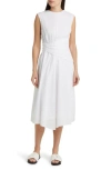 Frame Ruched Sleeveless Cotton Midi Dress In White