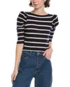 Frame The Ruched Stripe Wool T-shirt In Blue
