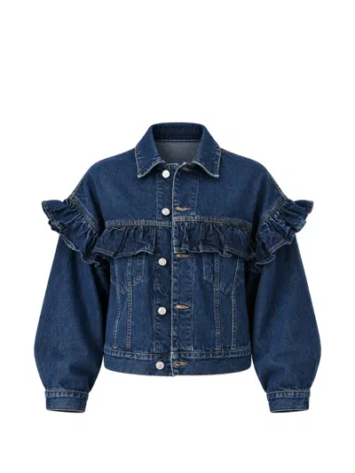 Frame Ruffle-trimmed Denim Jacket In Blue
