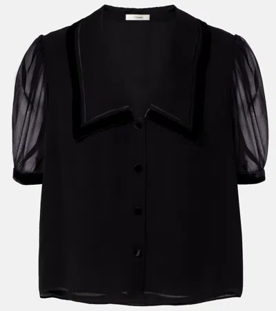Frame Sailor Velvet-trimmed Silk Blouse In Black