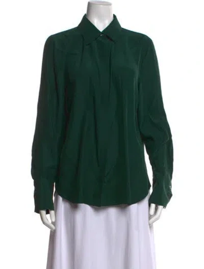 Pre-owned Frame Satin Long Sleeve Button-up Top In Green