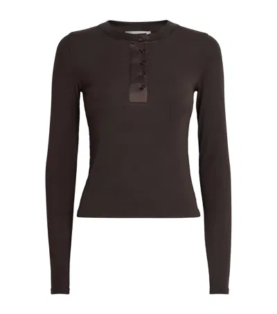 Frame Satin-trim Henley T-shirt In Brown