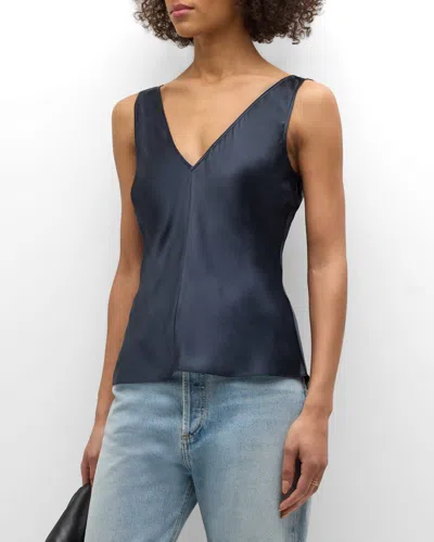 Frame Savannah Silk V-neck Tank Top In Navy