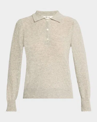 Frame Scalloped Cashmere Polo Sweater In Light Heather Grey