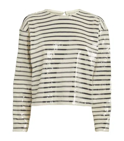 Frame Sequin-embellished Striped T-shirt In Blue