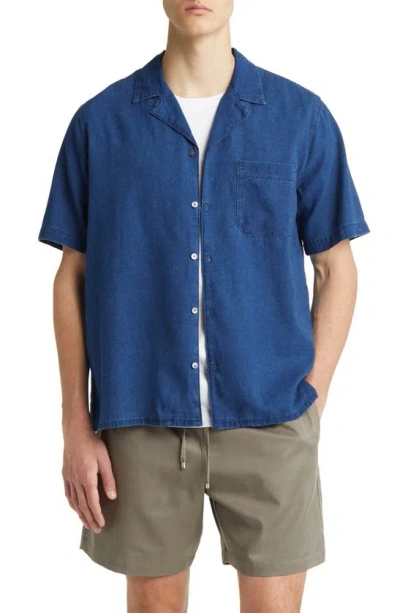 Frame Short Sleeve Cotton & Linen Chambray Camp Shirt In Maritime