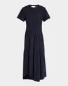 Frame Gathered Seam Short Sleeve Dress In Black In Navy