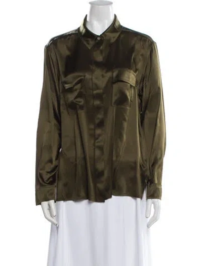 Pre-owned Frame Silk Long Sleeve Button-up Top In Green