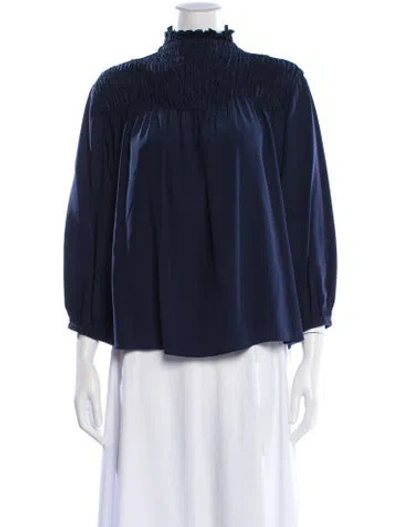 Pre-owned Frame Silk Mock Neck Blouse In Blue