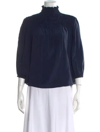Pre-owned Frame Silk Mock Neck Blouse In Blue